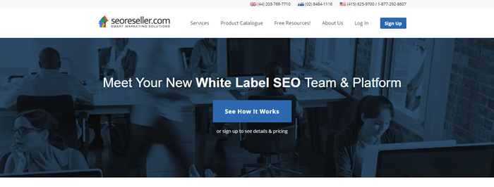 SEOreseller.com website screenshot with a background image of people working in an office. 