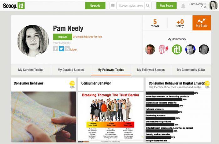 Scoop | One More Cup of Coffee The Scoop.it dashboard showing the admin's profile, and at the bottom are their followed topics. The topics are presented in a grid layout with thumbnails and titles. Besides the followed topics, there are tabs for the curated topics, curated scoops, followed scoops, and a "My Community" tab.