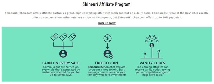 Shineuri Kitchen Affiliate Program showing details about earning on a lime green background