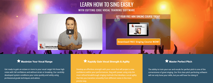 Singorama website screenshot showing a background image of a concert, with various details about the service and a video of a young woman. 