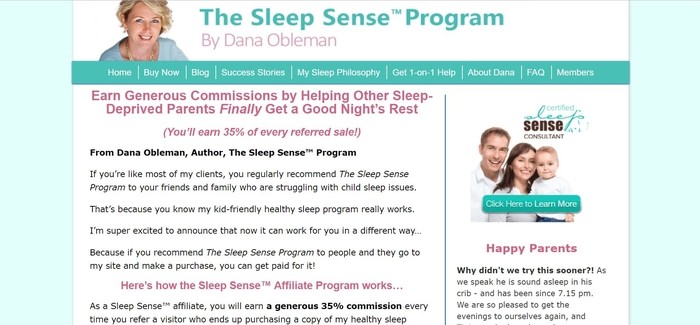 screenshot of the affiliate sign up page for Sleep Sense