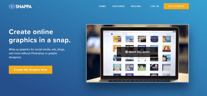 Snappa website screenshot showing a laptop with various graphics and a link to a 55 second demo. 