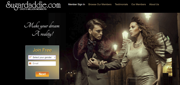 Sugardaddie website screenshot showing a posed image of a young man and image outside in somewhat old-fashioned clothing. 