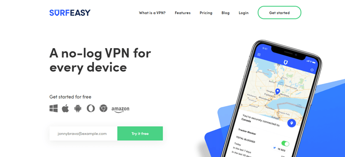 SurfEasy website screenshot showing a smartphone with a map, along with details about VPNs. 