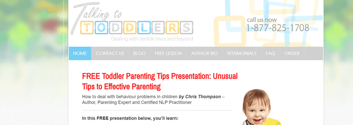 Talking to Toddlers website screenshot showing a blurry background image that looks like outside. Text talks about the free presentation and what the company offers. 
