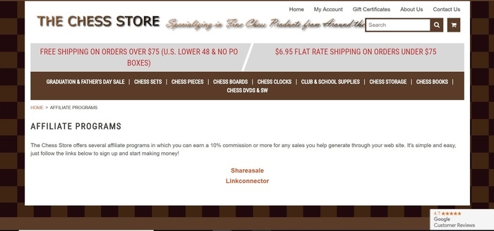 screenshot of the affiliate sign up page for The Chess Store