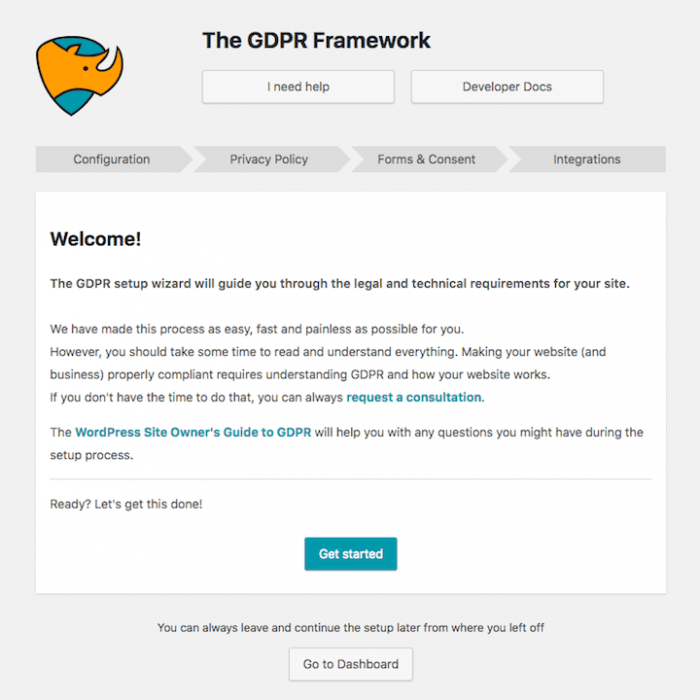 The GDPR Framework setup wizard. There is a welcome message and a "get started" button at the bottom. The setup process is divided into four phases: configuration, privacy policy, forms & consent, and integrations.