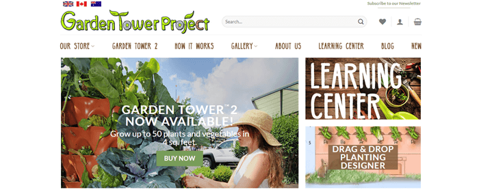 The Garden Tower Project website screenshot showing images of being outside and in the garden. 