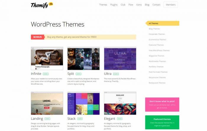 The Themify WordPress themes. The themes are listed in a grid with a title, description, and thumbnail for each theme. On the right is a navigation menu displaying all the theme categories.