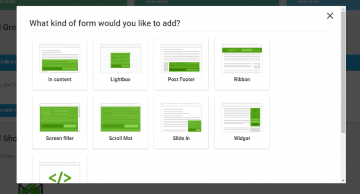 Thrive Leads | One More Cup of Coffee The Thrive Leads form options. There are in-content, lightbox, post footer, ribbon, screen filter, scroll mat, slide-in, and widget forms.