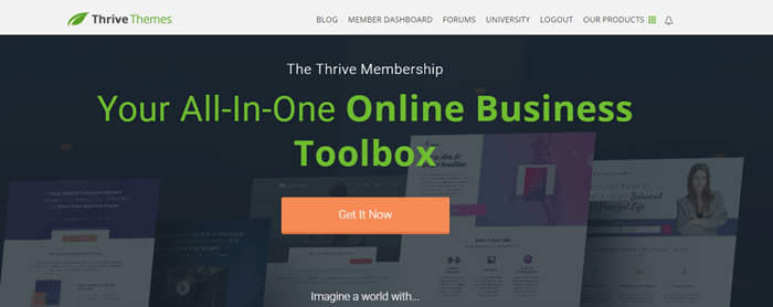 Thrive Themes website screenshot showing a background image of various themes and green text. 