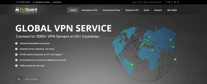 TorGuard Website Screenshot showing a stylized image of the world and network connections. 