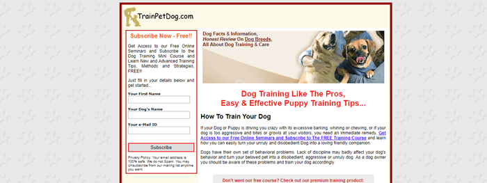 TrainPetDog.com website screenshot showing an image of a woman with two dogs and various details about the site.