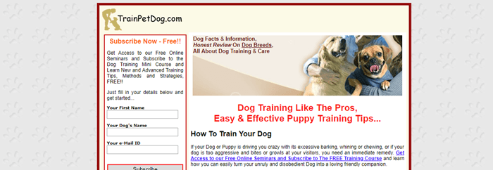 TrainPetDog.com website screenshot showing an old-school website with a subscription link and an image of two women with dogs. 