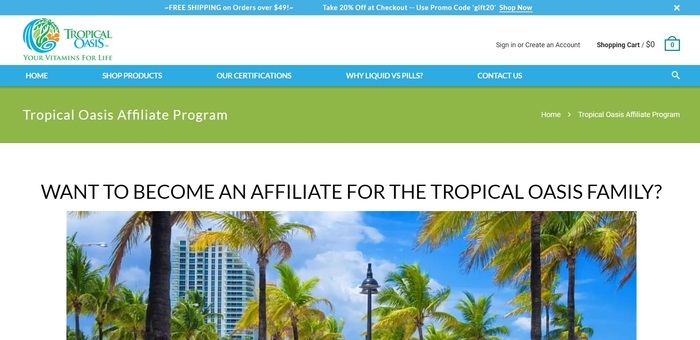 screenshot of the affiliate sign up page for Tropical Oasis