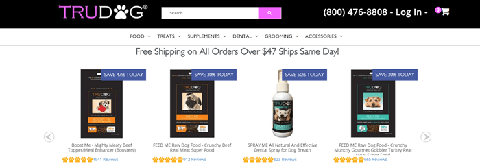 TruDog website screenshot showing four different products from the company with their ratings and titles. 