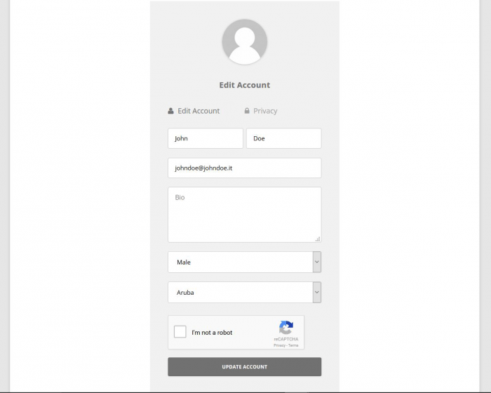 UsersWP | One More Cup of Coffee The edit account page. There are fields for the first and last names, email address, bio, gender, and country. Before the "update account" button there is a reCAPTCHA human verification box.