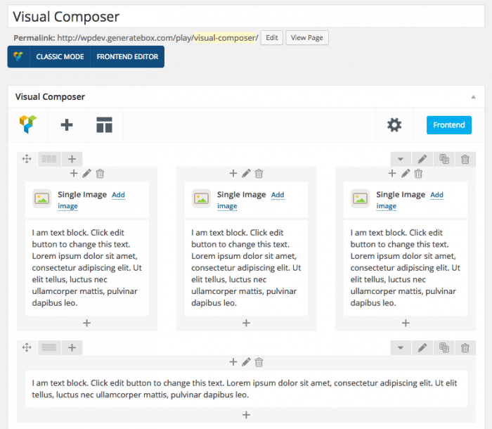 The Visual Composer interface inside the WordPress admin dashboard. Below the title, the plugin's interface displays a template with three single images next to each other, each containing text, and at the bottom is the text editor.