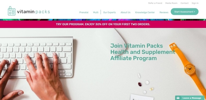 screenshot of the affiliate sign up page for Vitamin Packs