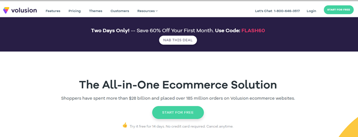 Volusion website screenshot talking about an all-in-one eCommerce solution with a link to getting started. 