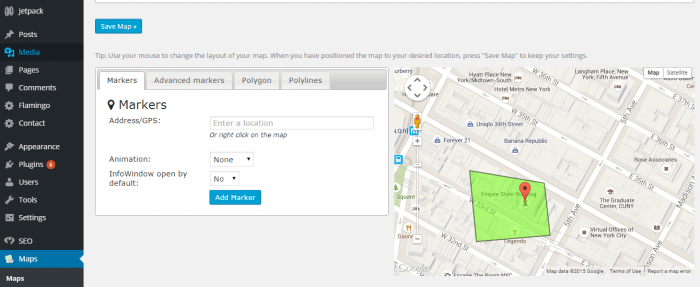 WP Google Maps | One More Cup of Coffee The WP Google Maps tab inside the WordPress dashboard. On the right is a map with a marker on it, and on the left is a markers settings box. Inside the box are an address/GPS field and animation options, and next to the markers tab are ones for advanced markers, polygons, and polylines.