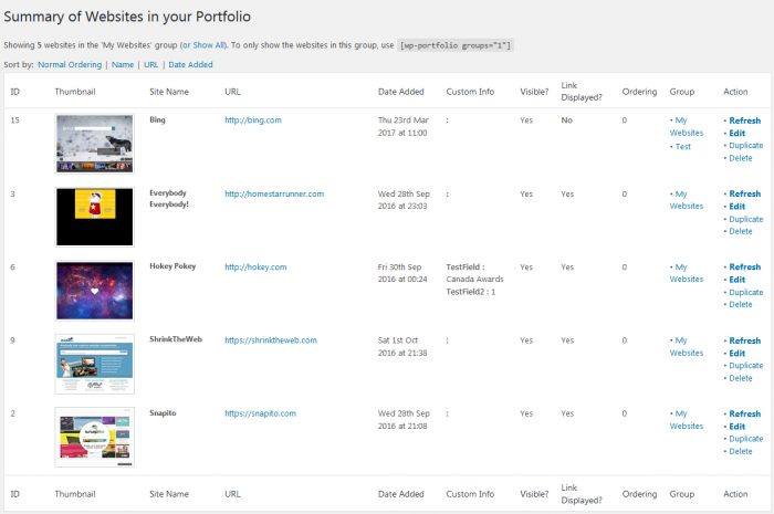 WP Portfolio | One More Cup of Coffee The portfolio list inside the WordPress dashboard. Each portfolio appears with an ID, thumbnail, site name, URL, date, custom info, visibility, order, group, and action (refresh, edit, duplicate, etc.).