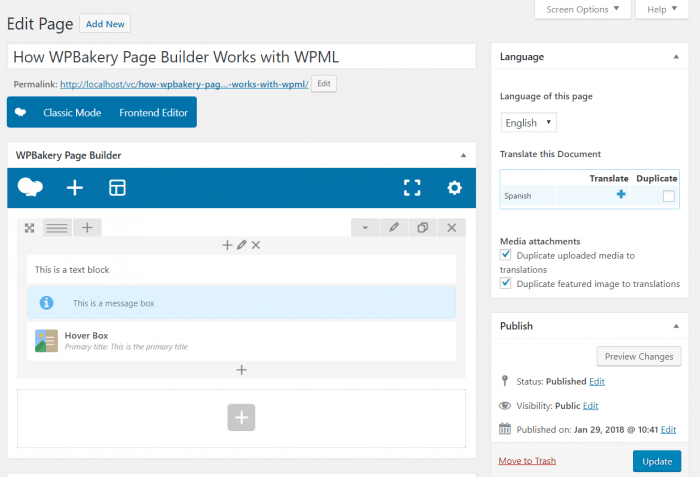 The WordPress text editor with the WPBakery interface appearing in the body. The WPBakery page builder includes a toolbar at the top, a text block, and a message box.