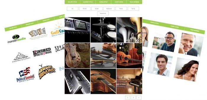WPSofts | One More Cup of Coffee Three sample pages, one showing a grid display of logos, another showing images of musical instruments, and the third showing portrait images.