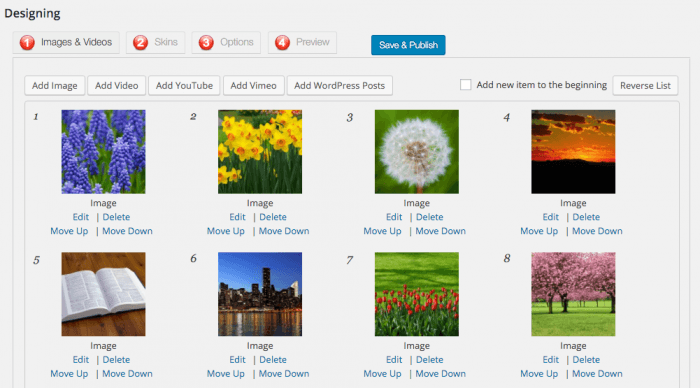 WonderPlugin | One More Cup of Coffee The "images & videos" tab of the portfolio design process. There is a grid of images, each appearing with edit, delete, move up, and move down buttons. Above the images are tabs for images, videos, YouTube, Vimeo, and WordPress posts.