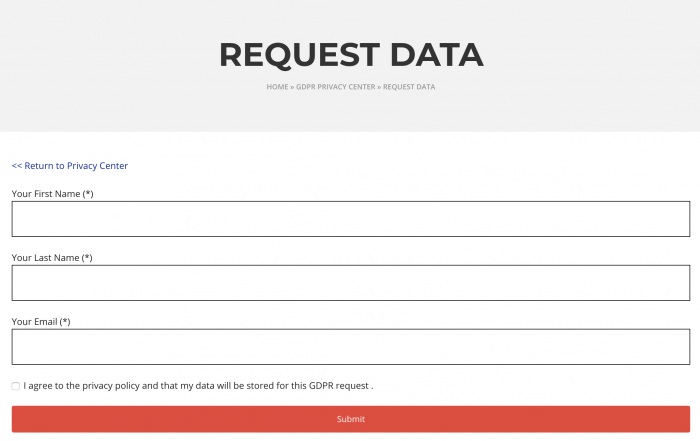 The plugin's data request form. There are fields for the first and last name as well as the email address, and at the bottom is the submit button.