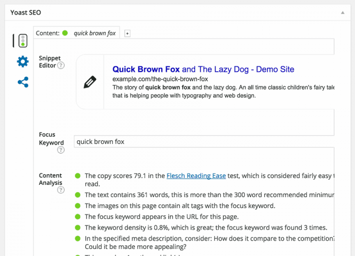 Yoast | One More Cup of Coffee The Yoast SEO widget showing the snippet editor, focus keyword field, and content analysis. In the content analysis section, each remark appears with a green, red, or orange bullet point depending on the evaluation.