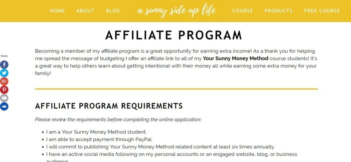 screenshot of the affiliate sign up page for Your Sunny Money Method