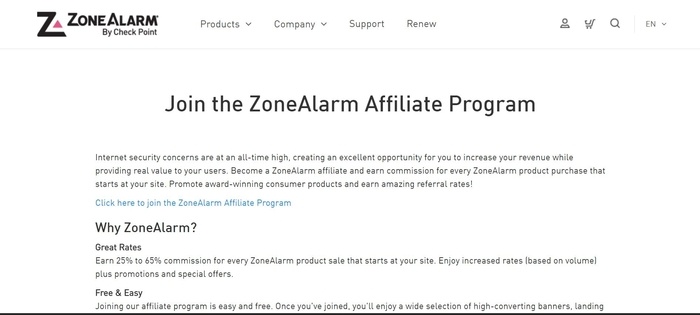 screenshot of the affiliate sign up page for Zone Alarm