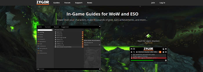 Zygor Guides website screenshot showing a background image from WoW that has plenty of green fire. 