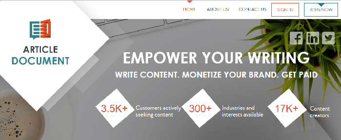 This is a screenshot of the opening page of Article Document. The site offers work for freelance writers with expertise in certain areas.