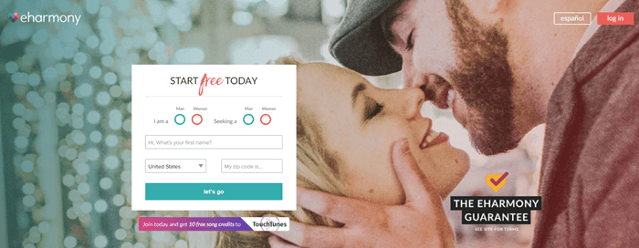 eHarmony website screenshot showing an image of a couple moving in for a kiss. 