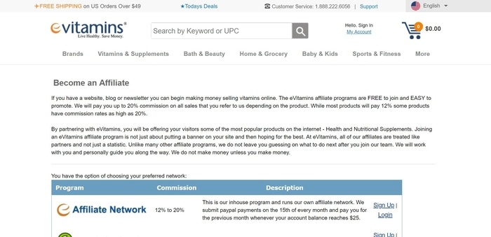 screenshot of the affiliate sign up page for eVitamins