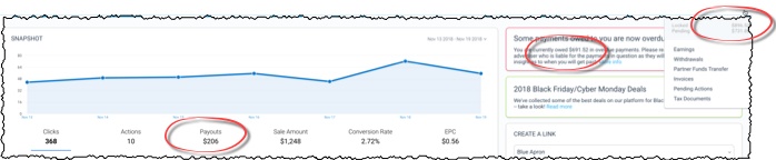 screenshot of payouts at impact affiliate network