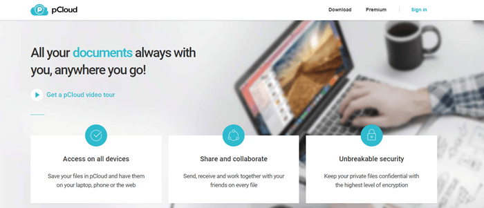 pCloud website screenshot showing a person sitting at a laptop working, along with three sections that depict key features. 