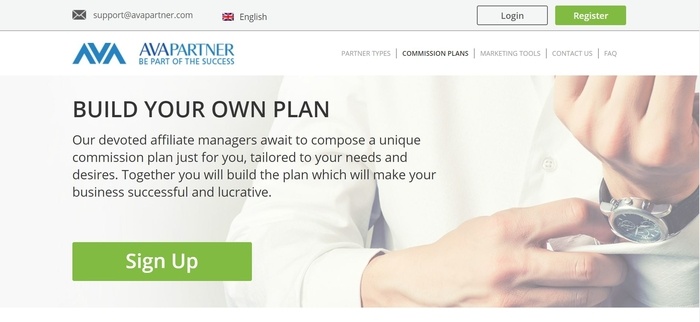 screenshot of the affiliate sign up page for AvaTrade