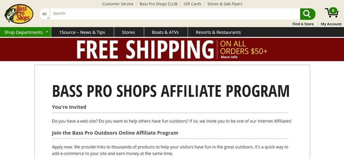 screenshot of the affiliate sign up page for Bass Pro Shops