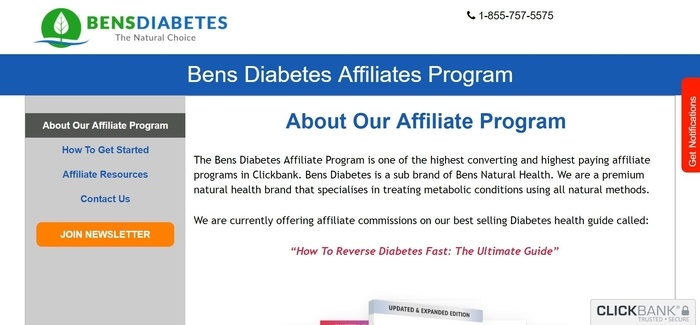 screenshot of the affiliate sign up page for Bens Diabetes