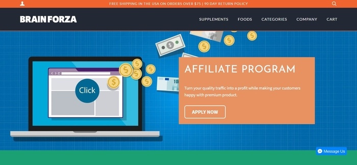 screenshot of the affiliate sign up page for Brain Forza