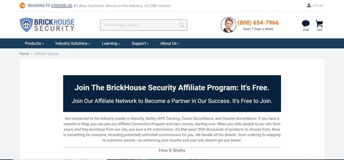 screenshot of the affiliate sign up page for BrickHouse Security