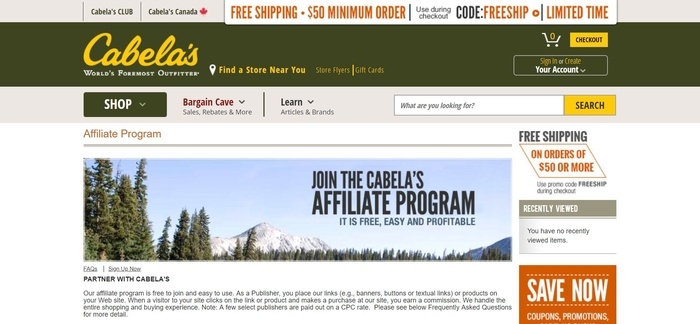 screenshot of the affiliate sign up page for Cabela's