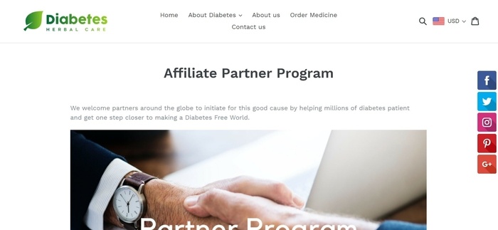 screenshot of the affiliate sign up page for Diabetes Herbal Care