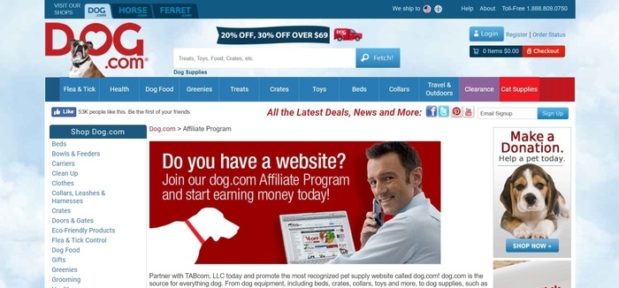 screenshot of the affiliate sign up page for Dog.com