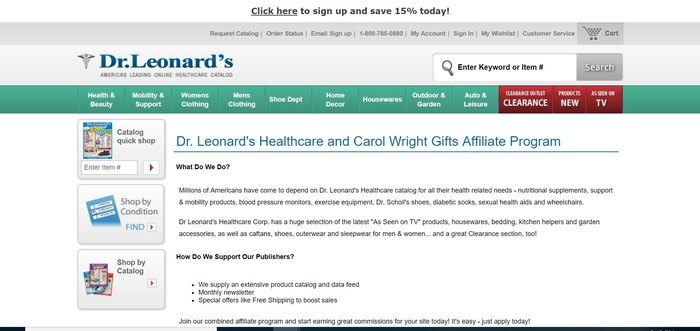 screenshot of the affiliate sign up page for Dr. Leonard's Healthcare