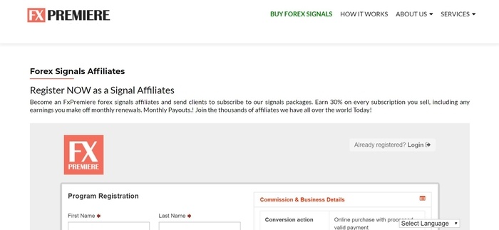 screenshot of the affiliate sign up page for FXPremiere