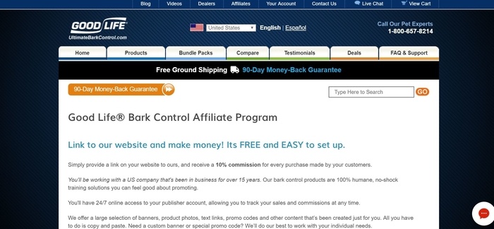 screenshot of the affiliate sign up page for Good Life Bark Control